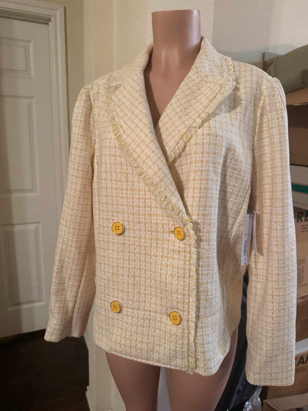 Liz Claiborne Cream and Yellow Tweed Double-Breasted Blazer